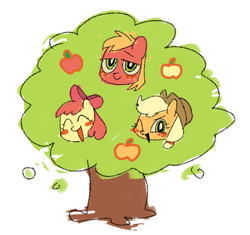 Size: 2445x2297 | Tagged: safe, artist:xiaokuai43197, apple bloom, applejack, big macintosh, earth pony, pony, apple, apple siblings, apple sisters, blushing, brother and sister, female, filly, foal, food, looking at you, male, mare, one eye closed, open mouth, siblings, simple background, sisters, smiling, stallion, tree, white background, wink