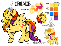 Size: 600x450 | Tagged: safe, artist:dizziness, oc, oc only, oc:ceolsige, alicorn, pony, g1, 2010, alicorn oc, chibi, coat markings, color palette, commission, crown, facial markings, female, heterochromia, horn, jewelry, mare, mlp arena, raised hoof, reference sheet, regalia, simple background, solo, standing, star (coat marking), white background, wings