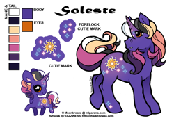 Size: 600x425 | Tagged: safe, artist:dizziness, oc, oc only, oc:soleste, pony, unicorn, g1, 2010, chibi, color palette, commission, female, horn, looking back, mare, mlp arena, orange eyes, raised hoof, reference sheet, simple background, solo, unicorn oc, white background