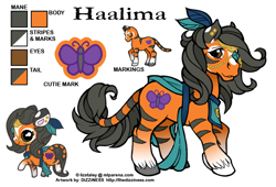 Size: 600x408 | Tagged: safe, artist:dizziness, oc, oc only, oc:haalima, hybrid, original species, pony, tiger, tiger pony, g1, 2010, chibi, clothes, color palette, colored ears, colored hooves, commission, ear piercing, earring, feather, female, gradient legs, jewelry, leonine tail, mare, mlp arena, piercing, raised hoof, reference sheet, simple background, solo, stripes, tail, unshorn fetlocks, white background