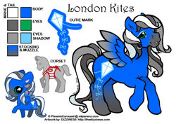 Size: 600x425 | Tagged: safe, artist:dizziness, oc, oc only, oc:london kites, pegasus, pony, g1, 2010, chibi, clothes, color palette, colored wings, commission, corset, eyeshadow, female, gradient legs, gradient muzzle, gradient wings, makeup, mare, mlp arena, pegasus oc, raised hoof, reference sheet, simple background, solo, spread wings, white background, wings