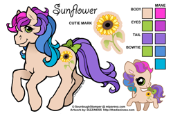 Size: 600x400 | Tagged: safe, artist:dizziness, oc, oc only, oc:sunflower (sourdoughstomper), earth pony, pony, g1, 2010, bow, chibi, color palette, commission, earth pony oc, female, mare, mlp arena, raised hoof, reference sheet, simple background, solo, tail, tail bow, turned head, white background