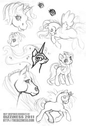 Size: 400x586 | Tagged: safe, artist:dizziness, nightmare moon, alicorn, earth pony, horse, pegasus, pony, unicorn, g4, 2011, bow, doodle, ethereal mane, female, helmet, horn, mare, profile, simple background, sketch, standing, tail, tail bow, trotting, unknown pony, white background