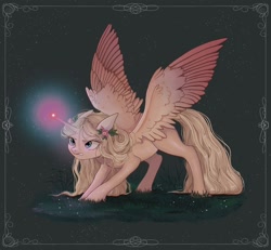 Size: 2160x1998 | Tagged: safe, artist:fridagloria, oc, oc only, oc:cotton candy, alicorn, pony, alicorn oc, female, flower, flower in hair, glowing, glowing horn, grass, high res, horn, magic, mare, solo, spread wings, wings