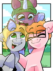 Size: 2304x3072 | Tagged: safe, artist:fraciss, diggy, ferris, sander, earth pony, pony, unicorn, g5, adopted offspring, cloud, colt, eyes closed, floppy ears, foal, gay, glasses, hat, hoof heart, horn, looking down, looking up, male, open mouth, open smile, raised hoof, ship:diggysand, shipping, signature, smiling, stallion, trio, underhoof, unshorn fetlocks, upside-down hoof heart