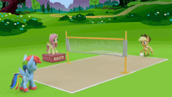 Size: 654x368 | Tagged: safe, screencap, applejack, fluttershy, rainbow dash, earth pony, pegasus, pony, g4, g4.5, my little pony: stop motion short, volleyball game between rainbow dash and applejack, ><, animated, ball, blowing whistle, cute, eyes closed, gif, puffy cheeks, rainbow dashs coaching whistle, referee, referee fluttershy, sand, scoreboard, shyabetes, sports, volleyball, volleyball net, whistle, whistle necklace, whistle thief