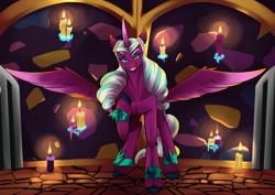 Size: 4961x3508 | Tagged: safe, artist:mekblue, opaline arcana, alicorn, pony, g5, absurd resolution, candle, collarbone, commission, dungeon, evil smile, female, front view, gate, grin, indoors, looking at you, magic, mare, opaline's dark castle, raised hoof, smiling, smiling at you, solo, spread wings, sternocleidomastoid, telekinesis, unshorn fetlocks, wings