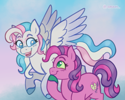 Size: 1215x972 | Tagged: safe, artist:_rarerayy_, skywishes, star catcher, earth pony, pegasus, dancing in the clouds, g3, couple, digital art, duo, duo female, female, happy, mare