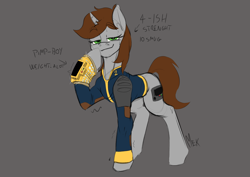 Size: 4961x3508 | Tagged: safe, artist:mekblue, oc, oc only, oc:littlepip, pony, unicorn, fallout equestria, absurd resolution, clothes, female, gray background, horn, jumpsuit, looking at you, mare, pimp-boy 3 billion, pipboy, pipbuck, simple background, smug, solo, sternocleidomastoid, sweat, unicorn oc, vault suit, wriggle