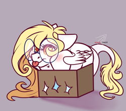 Size: 4608x4064 | Tagged: safe, artist:krissstudios, oc, oc:sally lovely, pegasus, pony, box, female, glasses, gray background, mare, pony in a box, simple background, solo, tongue out