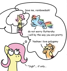 Size: 686x726 | Tagged: safe, artist:zoeyhorse, applejack, fluttershy, rainbow dash, earth pony, pegasus, pony, g4, bust, comic, dialogue, doodle, female, lesbian, mare, polyamory, ship:appledash, ship:appleshy, ship:flutterdash, shipping, simple background, thought bubble, tree, white background