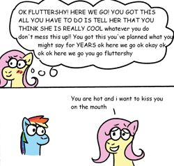 Size: 732x697 | Tagged: safe, artist:zoeyhorse, fluttershy, rainbow dash, pegasus, pony, comic, dialogue, doodle, female, lesbian, mare, ship:flutterdash, shipping, simple background, speech bubble, thought bubble, white background