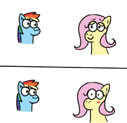 Size: 400x386 | Tagged: safe, artist:zoeyhorse, fluttershy, rainbow dash, pegasus, pony, g4, blushing, bust, comic, doodle, duo, female, lesbian, mare, ship:flutterdash, shipping, simple background, smiling, sudden realization, white background