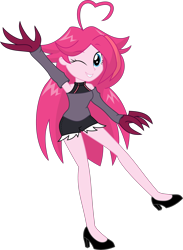 Size: 2824x3856 | Tagged: safe, artist:sketchmcreations, pinkie pie, human, equestria girls, g4, ahoge, alternate hairstyle, claws, clothes, detached sleeves, female, friday night funkin', high heels, looking at you, one eye closed, raised arm, reference, shoes, shorts, shoulderless, simple background, smiling, transparent background, vector