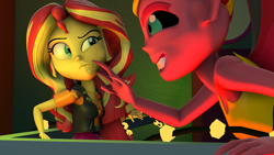 Size: 1920x1080 | Tagged: safe, artist:ontheedgeht, sunset shimmer, demon, human, equestria girls, g4, my little pony equestria girls: better together, 3d, duality, evil smile, grin, hand on cheek, smiling, sunset satan