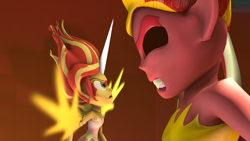 Size: 1920x1080 | Tagged: safe, artist:ontheedgeht, sunset shimmer, demon, human, equestria girls, g4, 3d, black sclera, blank eyes, daydream shimmer, female, self paradox, size difference, sunset satan
