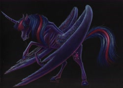 Size: 6797x4883 | Tagged: safe, artist:cahandariella, twilight sparkle, alicorn, monster pony, fanfic:and hell followed, g4, black background, colored pencil drawing, covered eyes, fanfic art, female, full body, horror, large wings, mare, simple background, solo, traditional art, twilight sparkle (alicorn), wings