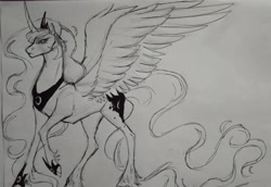 Size: 3353x2303 | Tagged: safe, artist:damon_ekel, princess luna, alicorn, pony, g4, curved horn, horn, monochrome, sketch, solo, spread wings, traditional art, wings