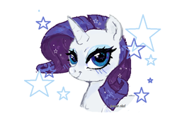 Size: 728x508 | Tagged: safe, artist:damon_ekel, rarity, pony, unicorn, g4, bust, female, horn, looking at you, mare, ms paint, simple background, smiling, smiling at you, solo, stars, white background