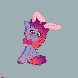 Size: 2480x2480 | Tagged: safe, artist:starburstuwu, misty brightdawn, pony, unicorn, g5, blushing, bowtie, bunny ears, cute, female, high res, horn, light blue background, looking at you, mare, mistybetes, rebirth misty, simple background, sitting, smiling, smiling at you, solo