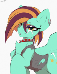 Size: 2300x3000 | Tagged: safe, artist:skitsroom, lightning dust, pegasus, pony, alternate hairstyle, chest fluff, choker, clothes, dyed mane, ear piercing, earring, eye clipping through hair, eyebrow piercing, eyebrows, eyebrows visible through hair, female, high res, jewelry, lidded eyes, lip piercing, looking at you, mare, piercing, simple background, smiling, smiling at you, solo, spiked choker, torn clothes, vest, white background