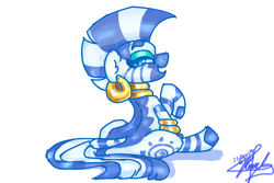 Size: 3600x2400 | Tagged: safe, artist:mannybcadavera, zecora, zebra, butt, female, high res, lidded eyes, looking at you, looking back, looking back at you, mare, open mouth, open smile, plot, signature, simple background, sitting, smiling, smiling at you, solo, white background