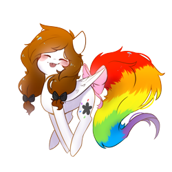 Size: 1000x1000 | Tagged: safe, artist:myralilth, oc, oc only, oc:color splash, pegasus, pony, blushing, bow, cute, eyes closed, female, mare, pigtails, rainbow tail, simple background, solo, tail, tail bow, tongue out, transparent background, twintails
