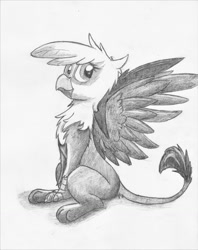 Size: 1016x1280 | Tagged: safe, artist:pzkratzer, gilda, griffon, g4, black and white, female, grayscale, monochrome, sitting, solo, spread wings, traditional art, wings