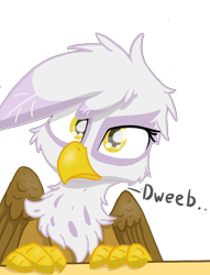 Size: 826x1079 | Tagged: safe, artist:pzkratzer, gilda, aggie.io, closed mouth, dweeb, folded wings, looking at you, sitting, solo, wings