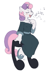 Size: 541x746 | Tagged: safe, artist:ajin, sweetie belle, unicorn, anthro, unguligrade anthro, blushing, breasts, cleavage, clothes, dress, eyes closed, female, hoof shoes, horn, music notes, shoulderless, simple background, singing, sitting, solo, white background