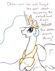 Size: 476x616 | Tagged: safe, artist:ajin, princess celestia, alicorn, pony, annoyed, crossed hooves, dialogue, female, implied princess luna, mare, sitting, solo, to the moon