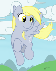 Size: 631x800 | Tagged: safe, artist:ajin, derpy hooves, pegasus, pony, g4, colored, cute, female, flat colors, flying, mare, off topic in the comments, smiling, solo