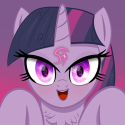 Size: 2048x2048 | Tagged: safe, artist:knife smile, mean twilight sparkle, alicorn, pony, g4, the mean 6, bloodshot eyes, blushing, chest fluff, female, gradient background, heart, heart eyes, high res, looking at you, mare, messy mane, open mouth, solo, wingding eyes