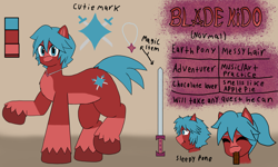 Size: 3394x2030 | Tagged: safe, artist:a.f blade kido, oc, oc:blade kido, earth pony, pony, blue eyes, blue mane, chocolate bar, collar, cutie mark, hooves, messy hair, multicolored coat, ponytail, red coat, reference sheet, sleepy, sword, weapon