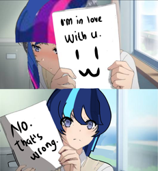 Size: 1080x1169 | Tagged: safe, anonymous artist, edit, dj pon-3, twilight sparkle, vinyl scratch, human, 1000 years in photoshop, hating, meme, ponified meme, prevention, shipping denied