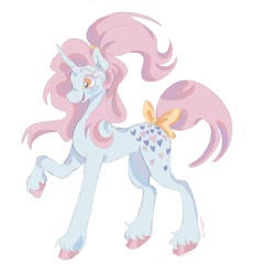 Size: 1279x1377 | Tagged: safe, artist:gothamsfinestdummy, oc, oc only, unnamed oc, pony, unicorn, ambiguous gender, blue coat, bow, colored eyebrows, colored eyelashes, colored hooves, concave belly, horn, long mane, long tail, open mouth, open smile, pink mane, pink tail, ponytail, profile, raised hoof, shiny hooves, signature, simple background, slender, smiling, solo, standing, tail, tail bow, thin, tied mane, unicorn horn, unicorn oc, unshorn fetlocks, white background, wingding eyes, yellow eyes