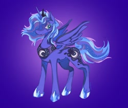 Size: 1450x1217 | Tagged: safe, artist:gothamsfinestdummy, princess luna, alicorn, pony, g4, alternate hair color, alternate hairstyle, alternate tail color, alternate tailstyle, blue coat, blue eyes, colored eyelashes, colored pinnae, crown, ethereal mane, ethereal tail, eyeshadow, female, frown, gradient background, hoof shoes, jewelry, lidded eyes, looking back, makeup, mare, multicolored mane, multicolored tail, partially open wings, peytral, princess shoes, profile, regalia, short mane, solo, sparkly mane, sparkly tail, standing, starry mane, starry tail, tail, tiara, wingding eyes, wings