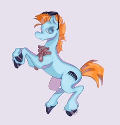 Size: 1227x1273 | Tagged: safe, artist:gothamsfinestdummy, teddy, earth pony, pony, g1, alternate color palette, blue coat, blue eyes, colored hooves, frown, gray background, in air, looking back, male, mohawk, narrowed eyes, orange mane, orange tail, plushie, profile, shiny hooves, shiny mane, shiny tail, signature, simple background, solo, stallion, tail, teal coat, teddy bear, unshorn fetlocks, wingding eyes