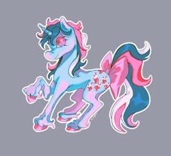 Size: 1382x1263 | Tagged: safe, fizzy, pony, unicorn, g1, bow, colored hooves, colored pinnae, female, gem eyes, gray background, horn, leaning back, long mane, long tail, mare, mint coat, multicolored mane, multicolored tail, outline, raised hoof, shiny hooves, signature, simple background, smiling, solo, standing, tail, tail bow, unicorn horn, unshorn fetlocks, wavy mane, wavy tail, wingding eyes