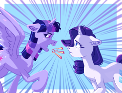 Size: 2009x1532 | Tagged: safe, artist:irisikiki, rarity, twilight sparkle, alicorn, pony, unicorn, angry, duo, duo female, ears back, emanata, female, furrowed brow, height difference, horn, mare, no dialogue, passepartout, spread wings, twilight sparkle (alicorn), wings, yelling
