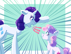 Size: 2009x1532 | Tagged: safe, artist:irisikiki, rarity, sweetie belle, pony, unicorn, g4, angry, belle sisters, duo, duo female, ears back, emanata, female, filly, foal, furrowed brow, height difference, horn, mare, no dialogue, passepartout, siblings, sisters, yelling