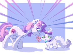 Size: 2009x1532 | Tagged: safe, artist:irisikiki, opalescence, sweetie belle, cat, pony, angry, duo, duo female, emanata, female, filly, floppy ears, foal, furrowed brow, height difference, no dialogue, passepartout, yelling