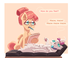 Size: 1845x1467 | Tagged: safe, artist:irisikiki, fluttershy, opalescence, cat, pegasus, pony, alternate hairstyle, border, dialogue, duo, duo female, fainting couch, female, glasses, lying down, mare, mouth hold, notebook, on back, pencil, simple background, therapy, updo, yellow background