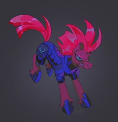 Size: 948x974 | Tagged: safe, alternate version, artist:gothamsfinestdummy, tempest shadow, pony, unicorn, g4, angry, armor, blue eyes, broken horn, eye scar, facial scar, female, frown, gradient background, horn, long mane, long tail, mare, narrowed eyes, pink mane, pink tail, running, scar, scowl, shiny mane, shiny tail, signature, solo, spiky mane, storm guard, tail, teeth, wide stance