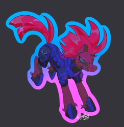 Size: 948x974 | Tagged: safe, alternate version, artist:gothamsfinestdummy, tempest shadow, pony, unicorn, g4, angry, armor, blue eyes, broken horn, eye scar, facial scar, female, frown, gray background, horn, long mane, long tail, mare, narrowed eyes, outline, pink mane, pink tail, running, scar, scowl, shiny mane, shiny tail, signature, simple background, solo, spiky mane, storm guard, tail, teeth, wide stance