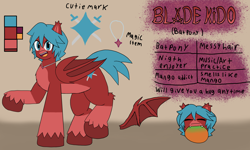 Size: 3394x2030 | Tagged: safe, artist:a.f blade kido, oc, oc:blade kido, bat pony, pony, bat wings, blue eyes, blue mane, collar, cutie mark, eating, fangs, food, happy, mango, multicolored coat, red coat, reference sheet, wings