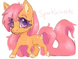 Size: 1700x1300 | Tagged: safe, artist:madisockz, oc, oc only, oc:sparkleworks, earth pony, pony, big eyes, big head, chibi, colored eyebrows, colored eyelashes, colored hooves, colored pinnae, colored sketch, ear fluff, earth pony oc, eye clipping through hair, female, long mane, long tail, looking up, mare, orange coat, pink eyes, pink mane, pink tail, pink text, shiny mane, shiny tail, simple background, sketch, smiling, solo, tail, text, walking, white background, wingding eyes