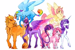 Size: 4096x2732 | Tagged: safe, artist:madisockz, applejack, fluttershy, pinkie pie, rainbow dash, rarity, twilight sparkle, alicorn, earth pony, pegasus, pony, unicorn, g4, alternate color palette, alternate design, alternate eye color, alternate hairstyle, alternate tailstyle, applejack's hat, applejacked, beard, big ears, blaze (coat marking), blonde mane, blue coat, blue eyes, blush sticker, blushing, body freckles, braid, braided ponytail, cheek fluff, chest fluff, chin fluff, chubby, cloven hooves, coat markings, colored belly, colored eartips, colored eyebrows, colored hooves, colored horn, colored muzzle, colored pinnae, colored wings, colored wingtips, concave belly, cowboy hat, curly mane, curly tail, curved horn, dappled, ear fluff, ear tufts, ears back, eyeshadow, facial hair, facial markings, female, fetlock tuft, fluffy, flying, freckles, frown, gradient horn, green eyes, group, hat, heart, heart mark, height difference, high res, hooves, horn, impossibly large tail, knee blush, leonine tail, long horn, long legs, long mane, long tail, looking at each other, looking at someone, looking back, makeup, mane six, mare, mealy mouth (coat marking), mohawk, multicolored hair, multicolored hooves, multicolored mane, multicolored tail, multicolored wings, muscles, narrowed eyes, no mouth, open mouth, open smile, orange coat, pale belly, pink coat, pink eyes, pink mane, pink tail, pinto, ponytail, profile, purple coat, purple mane, purple tail, rainbow hair, rainbow tail, raised hoof, raised leg, redesign, sextet, shiny hooves, short hair rainbow dash, short mane, short tail, simple background, smiling, smoldash, sparkly coat, speckled, spread wings, standing, starry coat, straight mane, straight tail, tail, tall ears, thin legs, tied mane, twilight sparkle (alicorn), two toned mane, unicorn beard, unicorn horn, unshorn fetlocks, wall of tags, wavy mane, wavy tail, white background, white coat, wingding eyes, wings, yellow coat