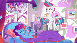 Size: 520x293 | Tagged: safe, screencap, misty brightdawn, zipp storm, pegasus, pony, unicorn, g5, my little pony: tell your tale, the blockywockys, spoiler:g5, spoiler:my little pony: tell your tale, spoiler:tyts02e00, adorazipp, animated, bed, cute, duo, duo female, excited, female, gif, gifrun.com, happy, horn, jumping, mare, mistybetes, rebirth misty
