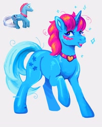 Size: 2400x3000 | Tagged: safe, artist:madisockz, pony, unicorn, ambiguous gender, blue coat, blue eyes, blue tail, blush scribble, blushing, bootleg, choker, colored eyelashes, colored horn, colored pinnae, curly mane, curly tail, heart choker, high res, horn, lineless, long mane, long tail, looking back, messy mane, messy tail, open mouth, open smile, pink mane, raised hoof, shiny coat, shiny horn, signature, simple background, smiling, solo, sparkles, standing, tail, toy interpretation, unicorn horn, white background, wingding eyes